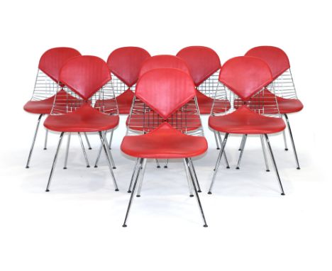 Charles and Ray Eames for Vitra, a set of eight 1980's DKR 'Wire' chairs with red vinyl bikini pads and straight legs*Sold su