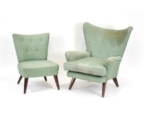 A pair of 1950/60's 'his and hers' chairs including a wingback armchair and a single chair, both with button upholstery on be