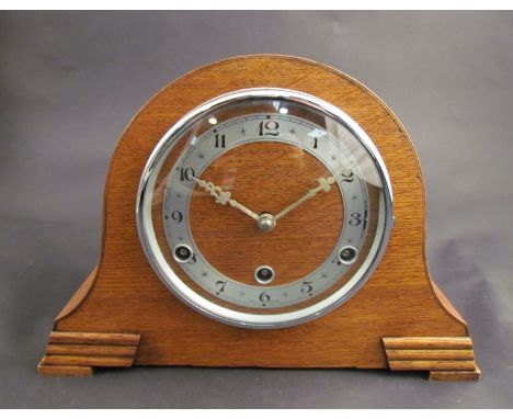 A light oak Perivale Westminster chime mantel clock, key and pendulum 