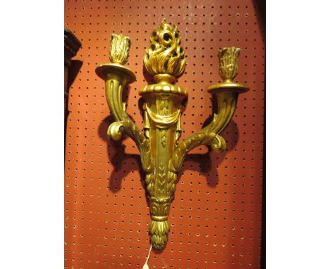 A pair of giltwood two sconce wall hanging electric light brackets, 53cm tall   Collector's Electrical Item: Please See Infor