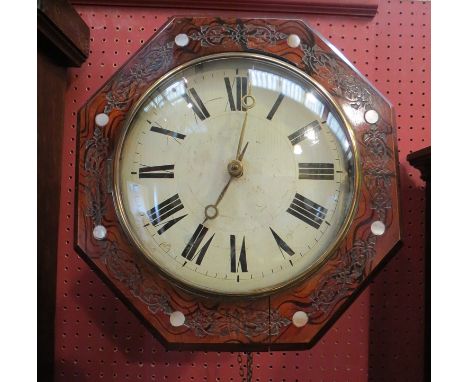 A Victorian postman's clock with octagonal case with mother of pearl inlay, Roman numerated dial