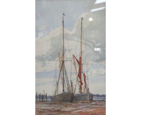 MICHAEL R. NORMAN: 1966 watercolour,  "Barges lying at Pin Mill", pine framed and glazed