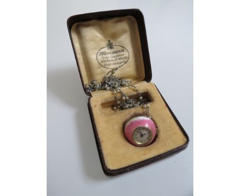 An enamel ball pendant watch with silvered face, Arabic numerals on opera length bead and link chain in Mersmann box (a/f)