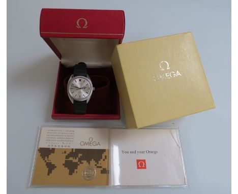 An Omega Geneve Chronometer Megasonic 720Hz steel cased gents wristwatch circa 1976, boxed with original instruction book 