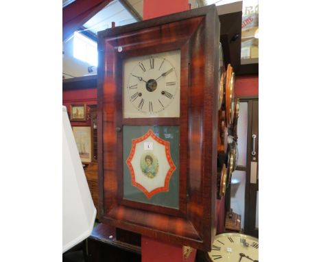 An American ogee wall clock, Roman numerated dial and printed portrait image to glazed door