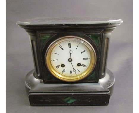 A Victorian slate and malachite inlaid mantel clock, Roman numerated dial, 8-day movement 