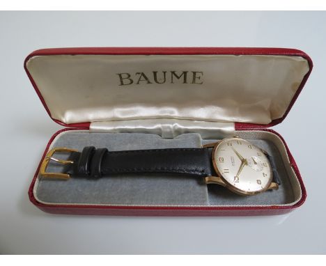 A Baume 9ct gold cased wristwatch, Arabic numerals with subsidiary seconds, 17 jewel manual wind movement, boxed 