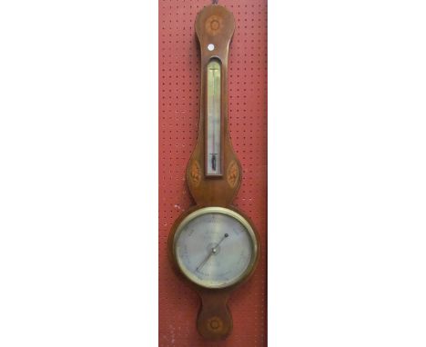 A 19th Century mahogany and marquetry inlaid wheel barometer with long thermometer box, silvered dial signed F. Molton, Norwi