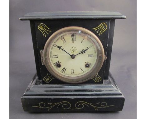 A late 19th Century American Waterbury shelf clock, strikes hours on a gong and half hours on a bell, key and pendulum 