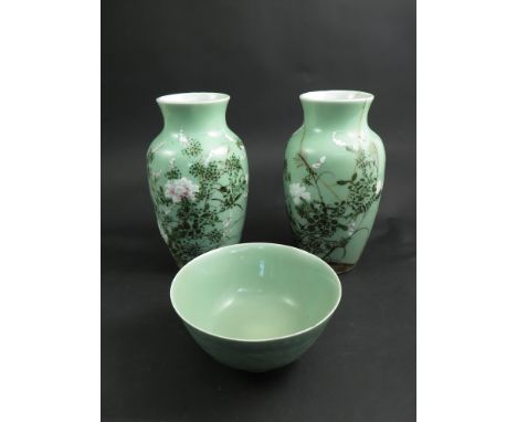 A pair of Oriental celadon vases with enamel decoration and a Chinese celadon bowl (3)