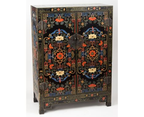 CHINESE LACQUERED WOOD CABINETChinese black and colored lacquer two door cabinet, 31" x 43" x 15", finely hand painted in bri