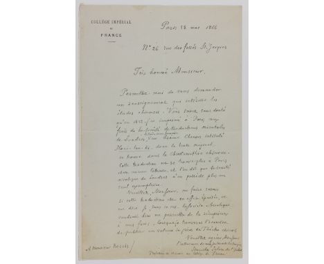 WESTERN SINOLOGISTS AND ACADEMICSGood group of two letters, one note, and one cut signature, all executed by nineteenth-centu