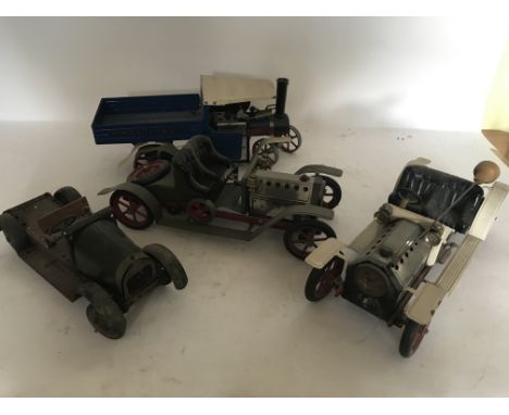A box of unboxed and used , steam engine related vehicles , including a steam wagon and Rolls Royce's etc