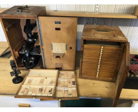 Microscope items including, a leitz microscope, and a second smaller microscope and a microscope slide cabinet with 2 draws c