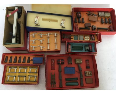 Vintage Hornby trackside Diecast accessories, including a boxed signal tower, Milk churns And cart, sign posts, luggage and t