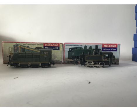 Collection of French Hornby-acho items including buildings, track accessories wagons and carriages as well as 2 engines a die
