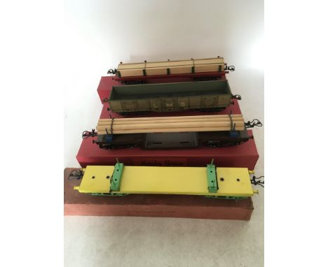 Hornby series, O Gauge, Rolling stock, 4x wagons, including 2x timber, pipe , high capacity , tinplate and boxed
