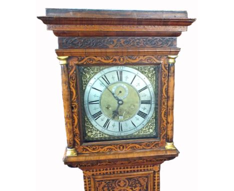 An 18th Century Wm. Sellers, Long Acre, London. Walnut veneered and seaweed marquetry month going longcase clock. The moulded