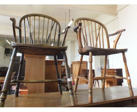 A pair of 19th Century Elm seat stick back elbow chairs and a pair of slat back dining chairs