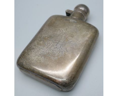 An Edwardian silver hip flask with engraved monogram, Sheffield 1907, 82g, 10.2cm