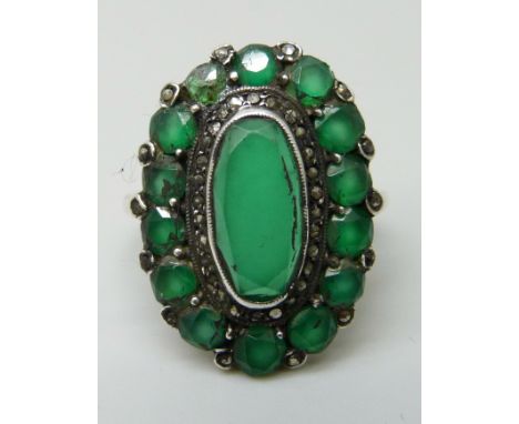 A .935 silver marcasite and green stone ring, J/K