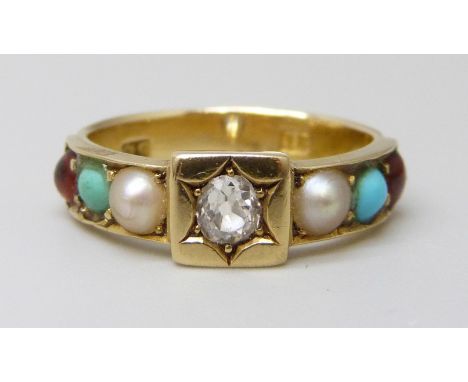 A Victorian 18ct gold ring set with a central diamond and stone set shoulders, 3.7g, K, (Two outer stones on each shoulder ar