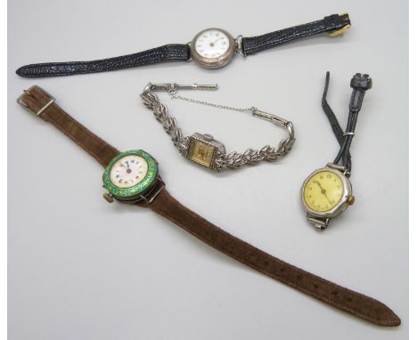 Two silver cased guilloche enamel wristwatches, both a/f, together with two other silver wristwatches