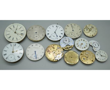 A collection of pocket watch movements including Smiths, Waltham Broadway, Rigorosa 8 day movement and 8 day dial