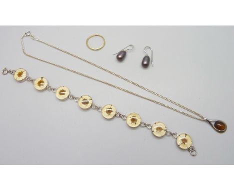 A 22ct gold wedding band ring, 1.8g, K, a/f, together with silver jewellery including a floral resin bracelet (earrings re-gl