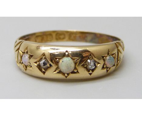A Victorian 18ct gold, opal and diamond ring, Birmingham 1897, 2.6g, N