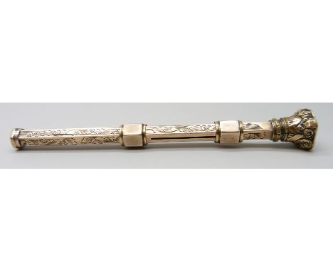 A Victorian propelling dip pen / pencil set with an intaglio seal, 10.2cm