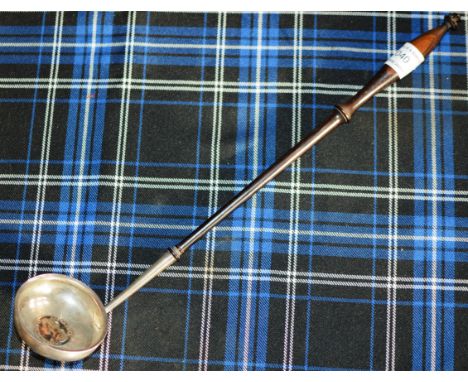 GEORGIAN SILVER COIN INSET LADLE WITH WOODEN HANDLE     