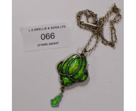 ART NOUVEAU SILVER &amp; ENAMEL PENDANT &amp; CHAIN     