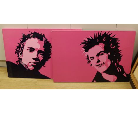 Nancy Vicious (nee Spungen, Sid Vicious's wife), two unframed oils on canvas of Sid Vicious and Johnny Rotten (one painting a