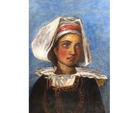 Middle Eastern School, oil on canvas, Portrait of a young girl wearing traditional dress, c.1900, 19 x 14cm, ornate gilt fram