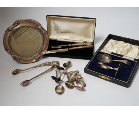 A cased silver christening spoon &amp; pusher, a Georgian silver christening knife and fork, six silver bean end coffee spoon