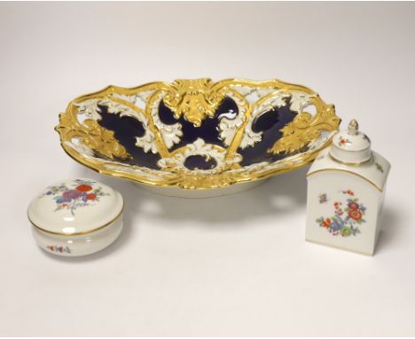 A Meissen gilt and blue glazed dish together with a similar floral caddy and box and cover, dish 33cm Caddy cover with deep c