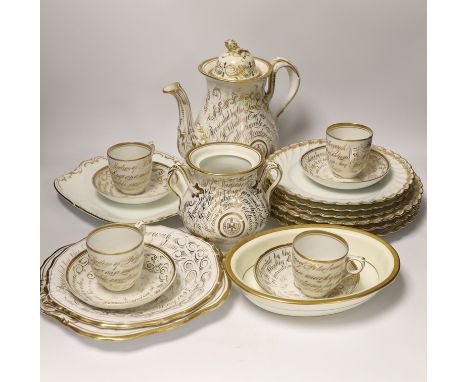 A mid-19th century English bone china part tea service, possibly Davenport, with applied gilt presentation to the Liberal pol