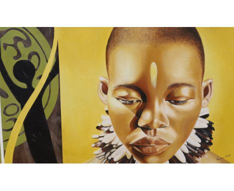 Vanessa Gaye (South African, 20th. C), oil on canvas, Stylised portrait of an African woman, signed, 75 x 130cm, unframed