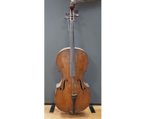 An early 20th century cello for restoration, indistinct internal label; ‘Restored by William J. Acton, Green Street, Forest G