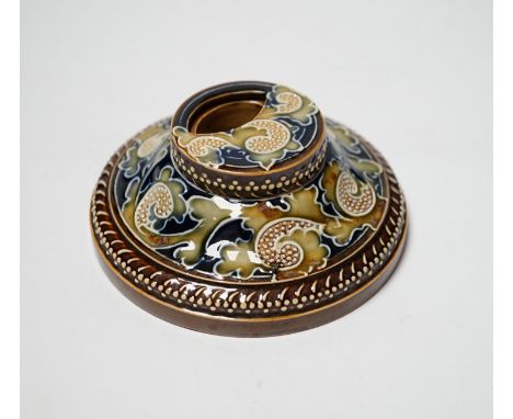 A Doulton Lambeth stoneware inkwell by Mark V. Marshall, 12cm diameter Firing crack down the inside edge of the well, approx.