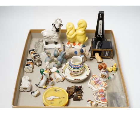 A collection of miniature china ornaments an agate box and black glass and enamel thermometer etc