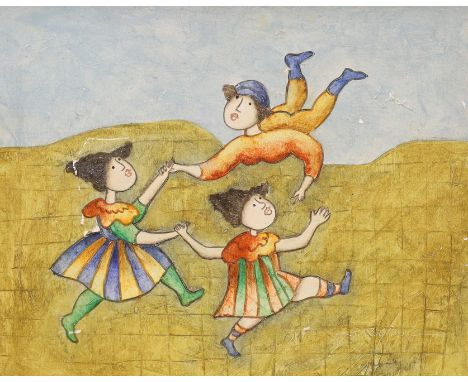 Joyce Roybal (b.1955), oil on board, Three children playing, signed, 40 x 50cm