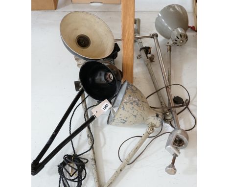A mid-century Kaiser Idell clamp-fitting adjustable lamp, and three other clamp-fitting lamps