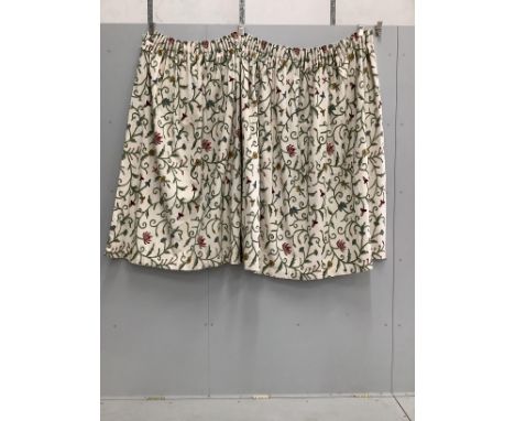 A pair of thick cotton crewelwork curtains, drop 145cm approx., width approx. 220cm