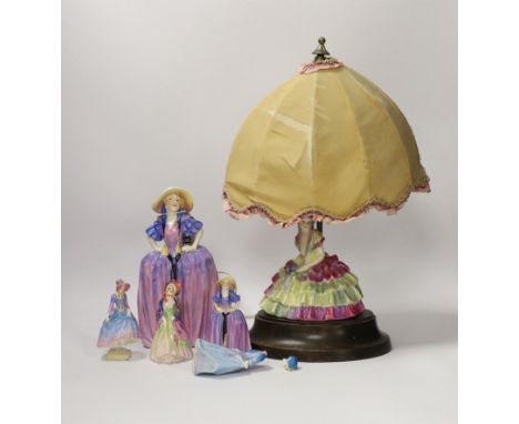Six Royal Doulton figurines comprising two Patricia HN1431 (one miniature), miniature Pantalettes, The Paisley Shawl and Swee