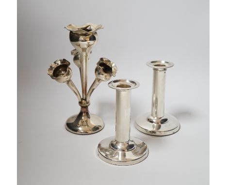 A pair of Edwardian silver mounted dwarf candlesticks, by William Hutton &amp; Sons, London, 1904, 11cm, weighted, together w