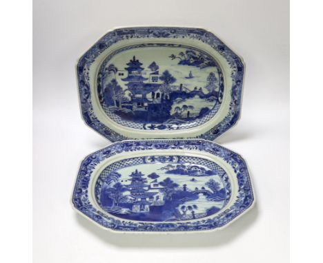 A pair of late 18th century Chinese export serving plates, 36cm Both generally good; minor nicks only around rims; one with s