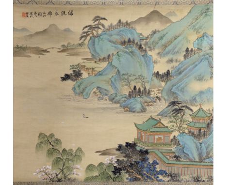 A Chinese watercolour on silk scroll painting, mountainous landscape with pagodas