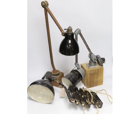 A mid-century Kaiser Idell-style scissor-action wall lamp, and two other industrial wall lamps